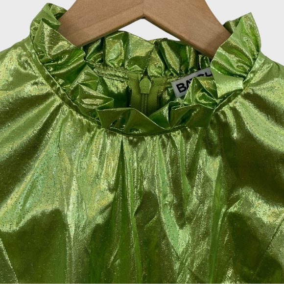 Batsheva NWT Metallic Green Ruffled Mini Dress with Pockets Size 2 - Picture 4 of 11